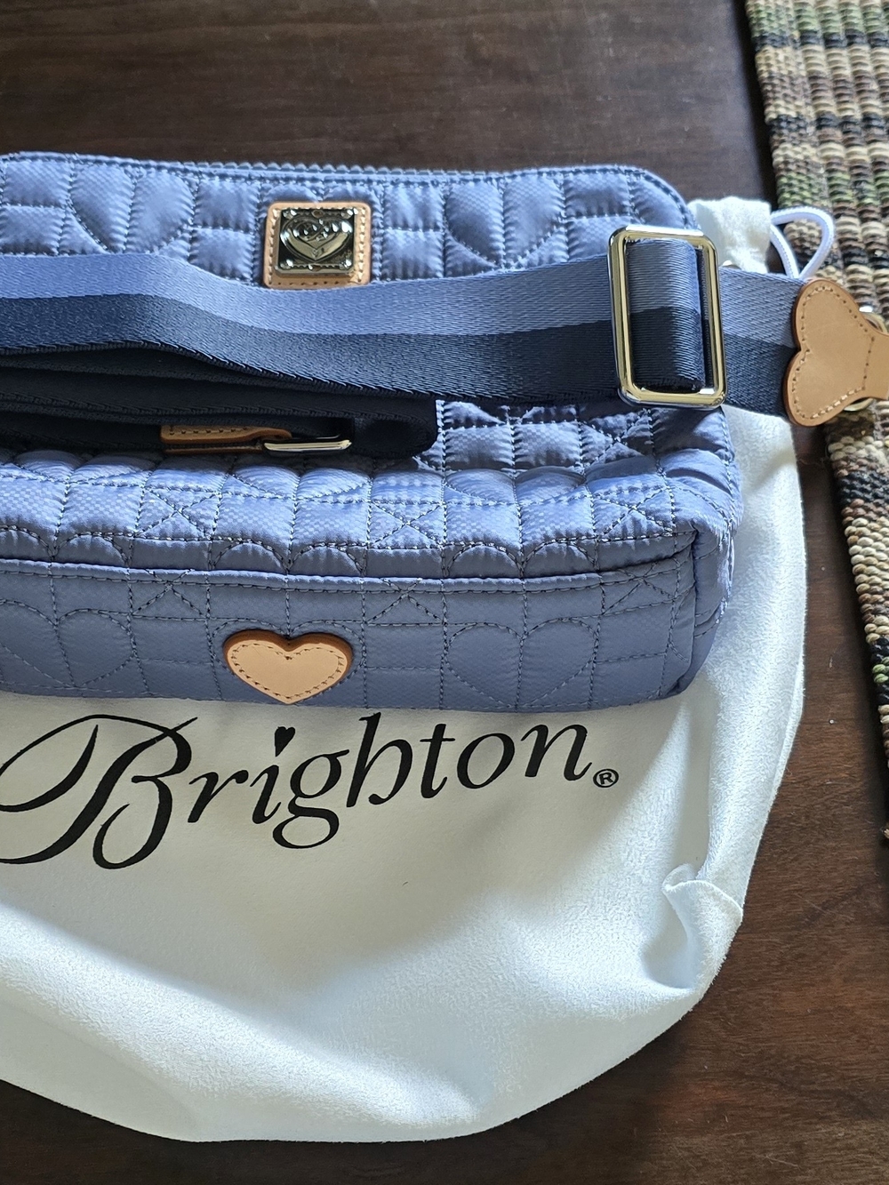 Brighton Quilted Light Blue Crossbody with Tan Heart Trim